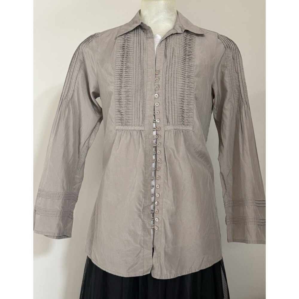 Isabella Bird XS Silk Pintuck Pleated Blouse Y2K Taupe Beige